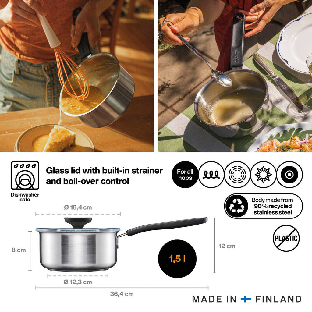 Касерола Fiskars Functional Form 1.5 литра с плосък стъклен капак, вградена цедка и вътрешна мерителна скала, подходяща за индукция