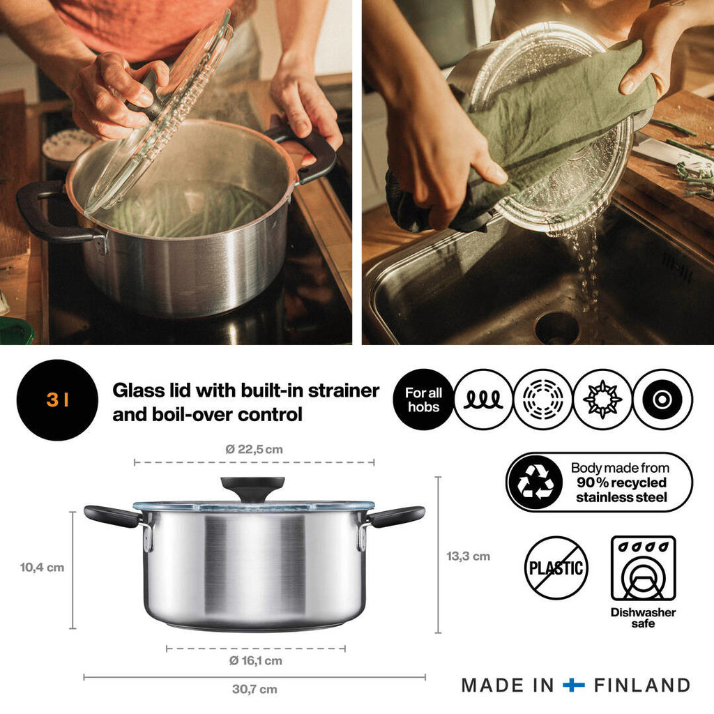 Тенджера Fiskars Functional Form 3.0 литра от неръждаема стомана с плосък стъклен капак и вградена цедка