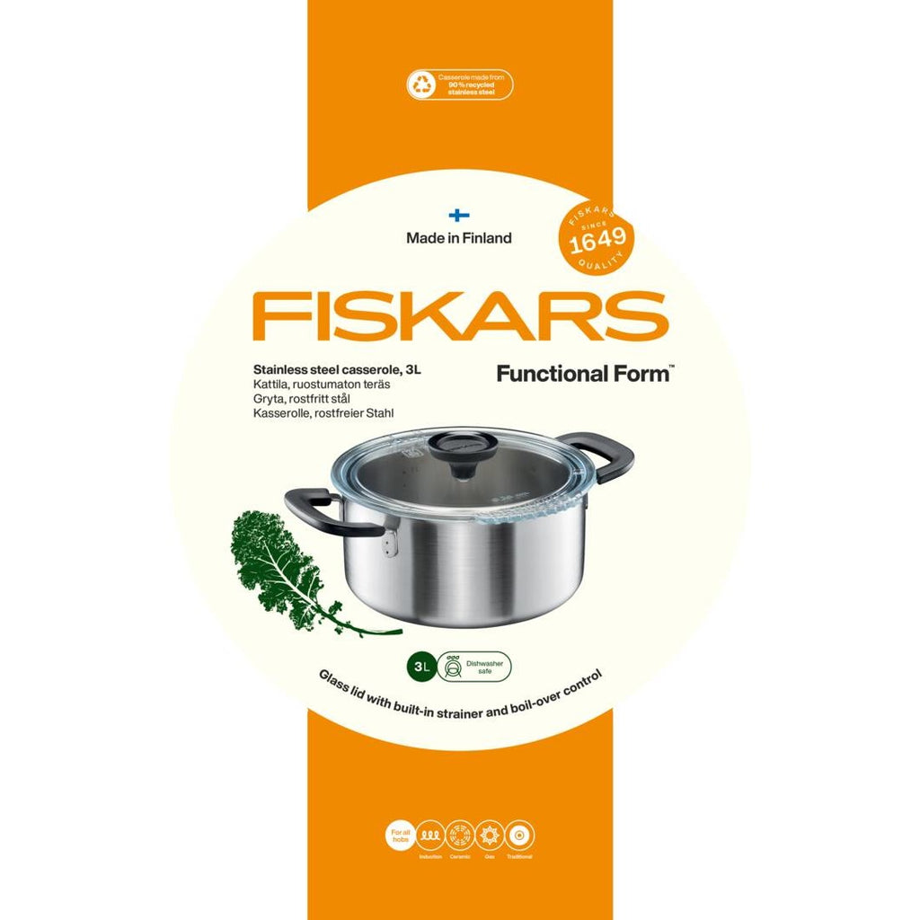 Тенджера Fiskars Functional Form 3.0 литра от неръждаема стомана с плосък стъклен капак и вградена цедка