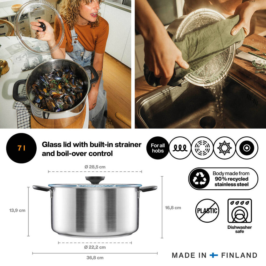 Тенджера Fiskars Functional Form 7.0 литра от неръждаема стомана с плосък стъклен капак и вградена цедка, подходяща за индукция и фурна до 150°C