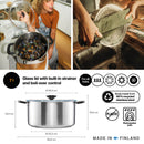 Тенджера Fiskars Functional Form 7.0 литра от неръждаема стомана с плосък стъклен капак и вградена цедка, подходяща за индукция и фурна до 150°C