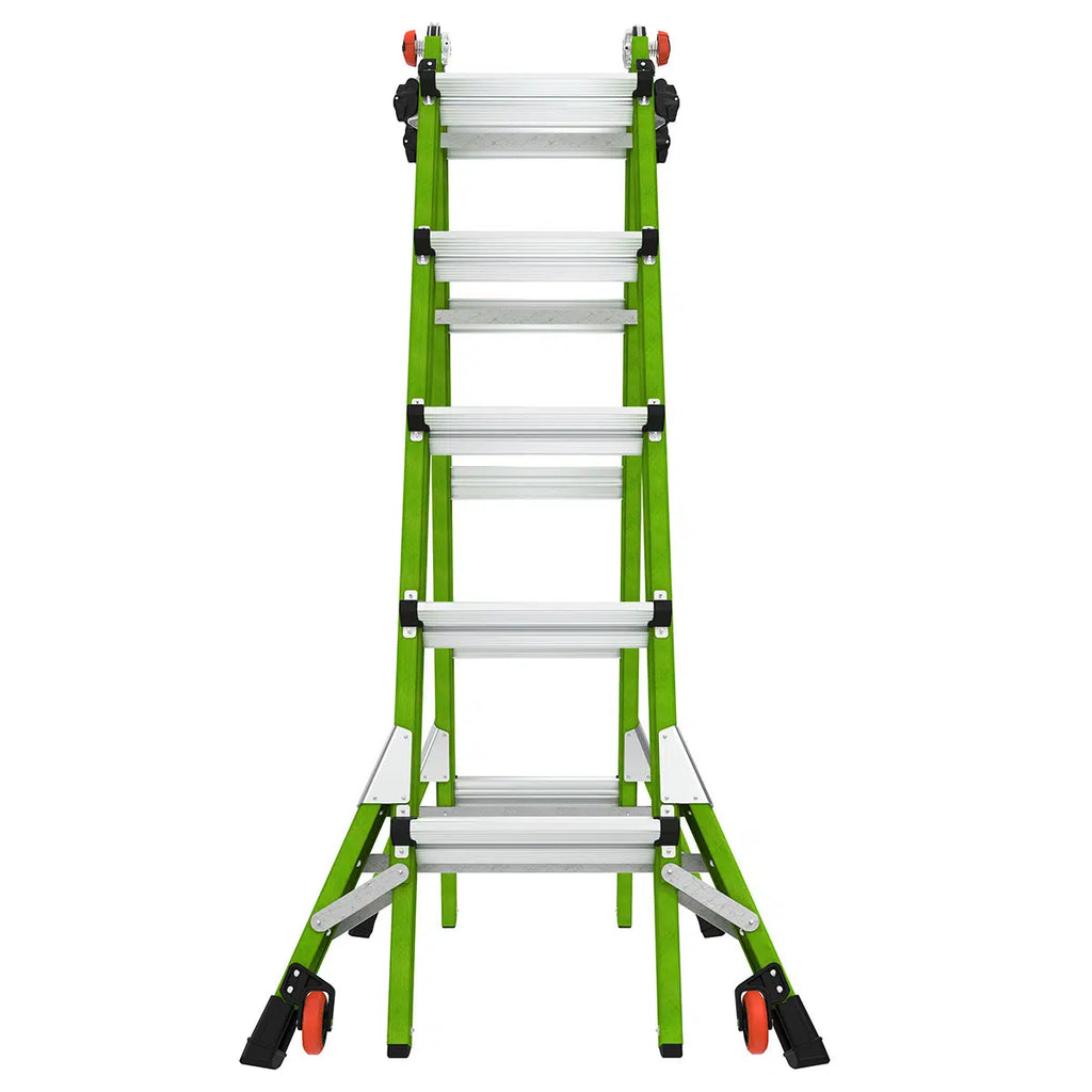 Телескопична стълба от фибростъкло Little Giant Dark Horse 2.0, 5 в 1 с 4x5 стъпала в зелено и сребристо.
