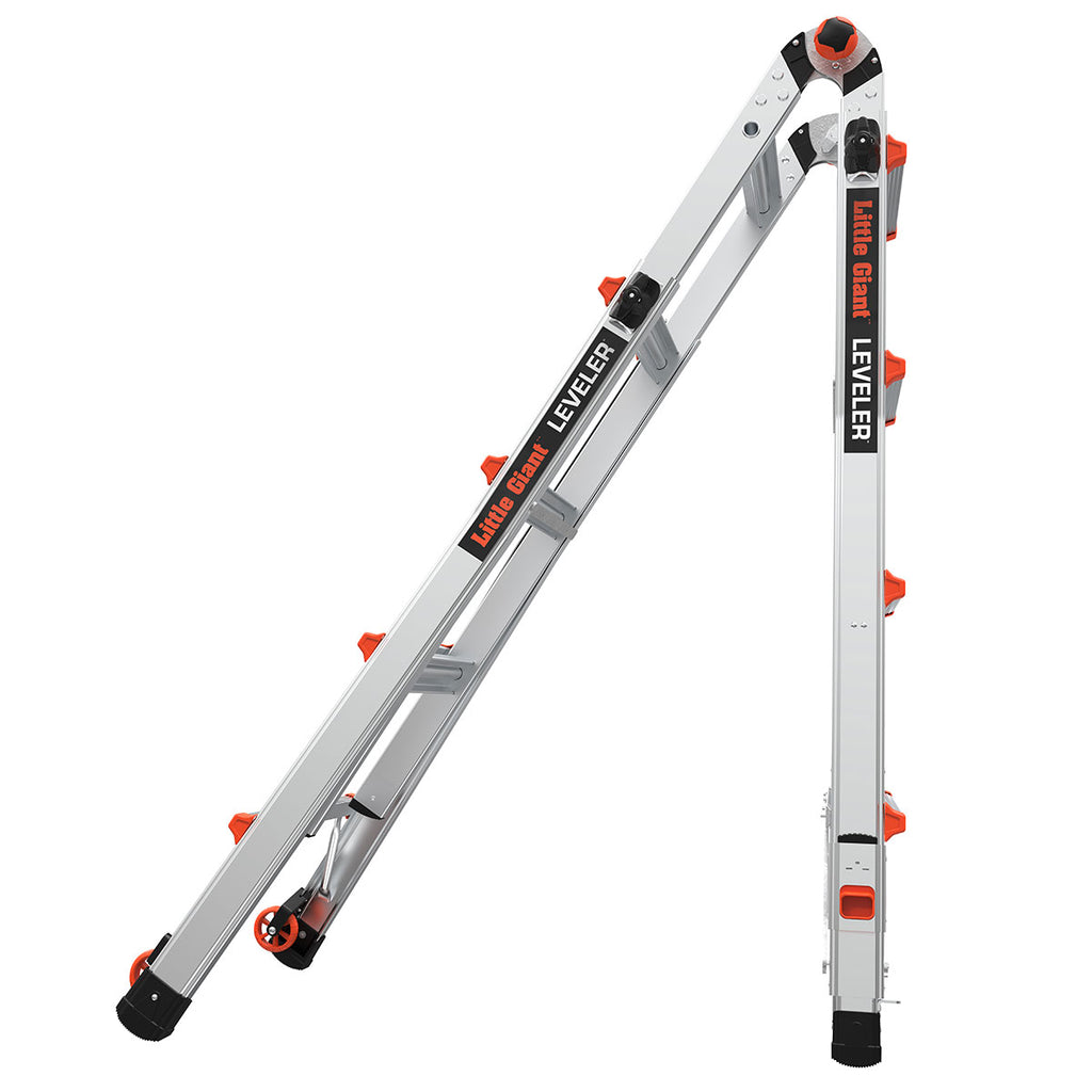 Телескопична алуминиева стълба Little Giant Leveler с регулируеми крака и безопасни бутони.