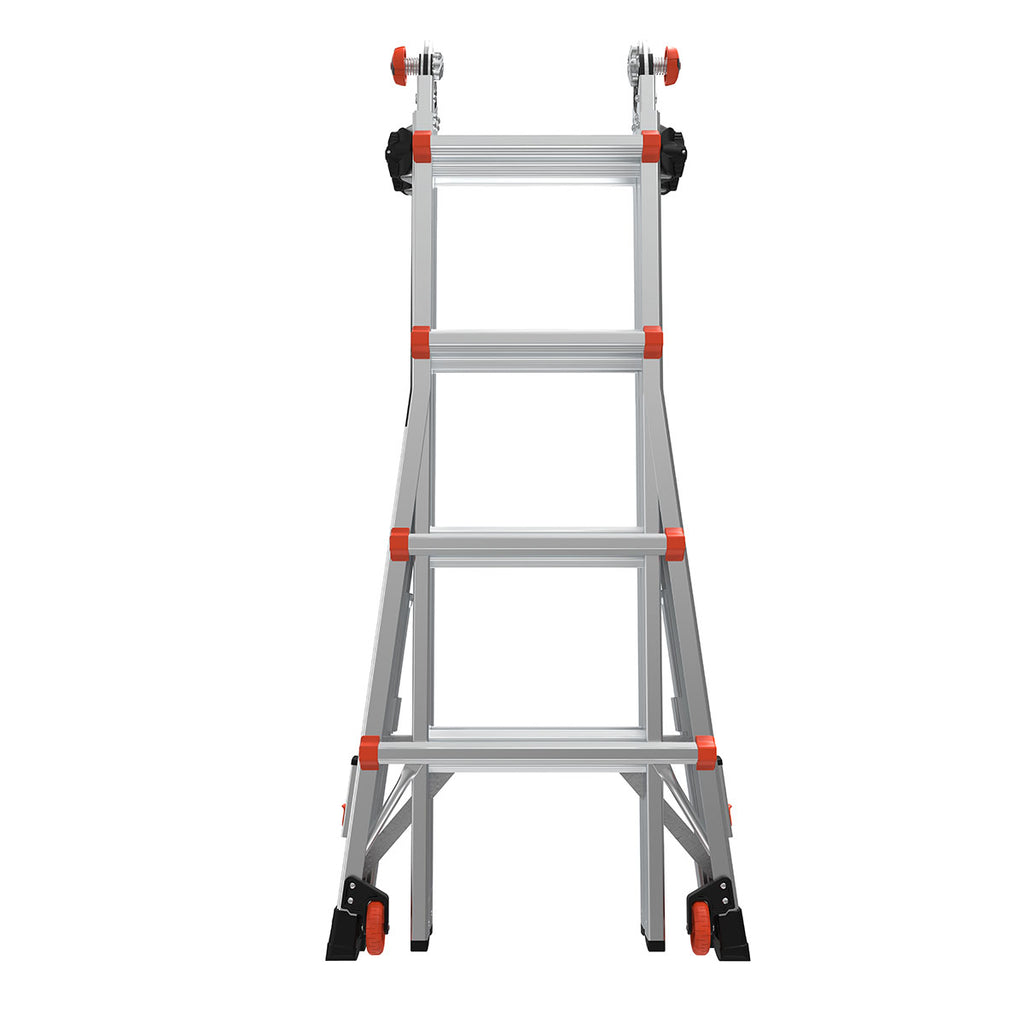 Телескопична алуминиева стълба Little Giant Leveler M17 с регулируеми крака и безопасни бутони.