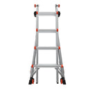 Телескопична алуминиева стълба Little Giant Leveler M17 с регулируеми крака и безопасни бутони.
