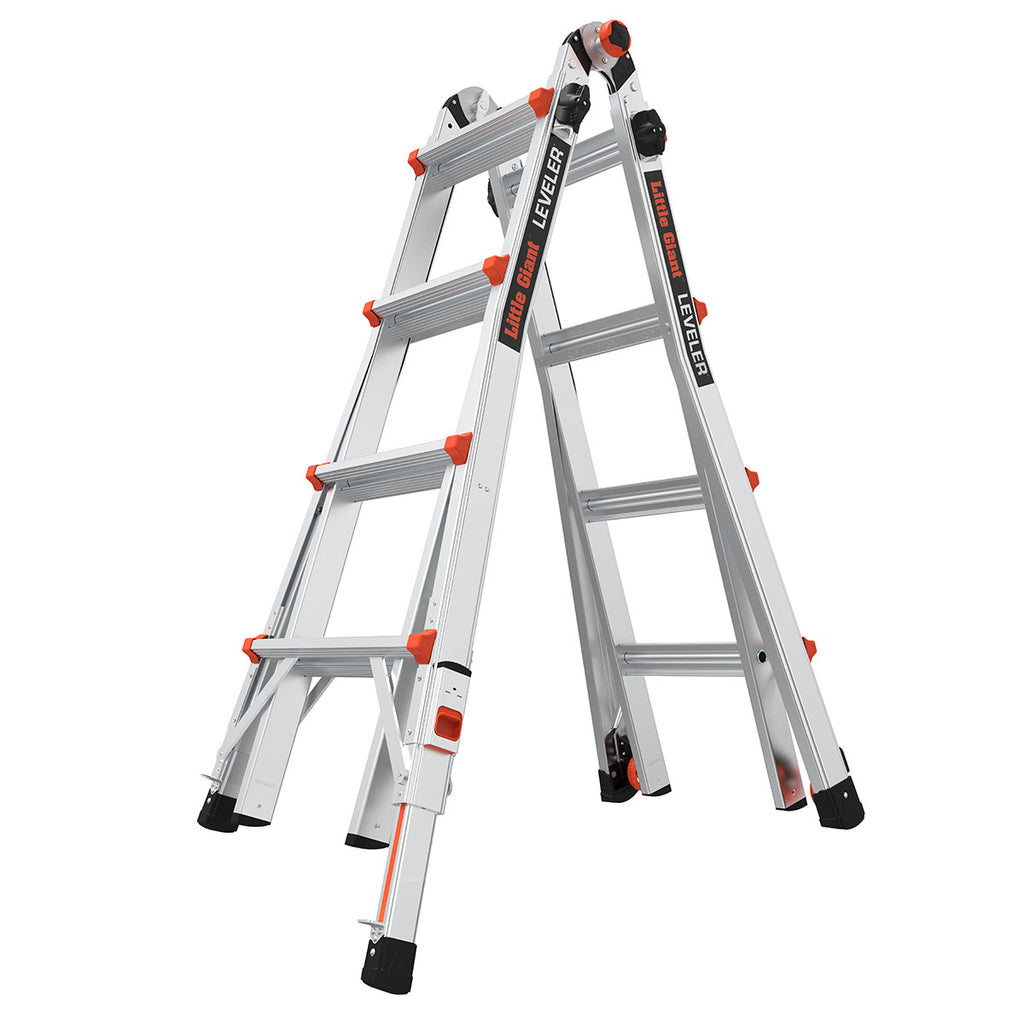 Телескопична алуминиева стълба Little Giant Leveler M17 с регулируеми крака и безопасни бутони.
