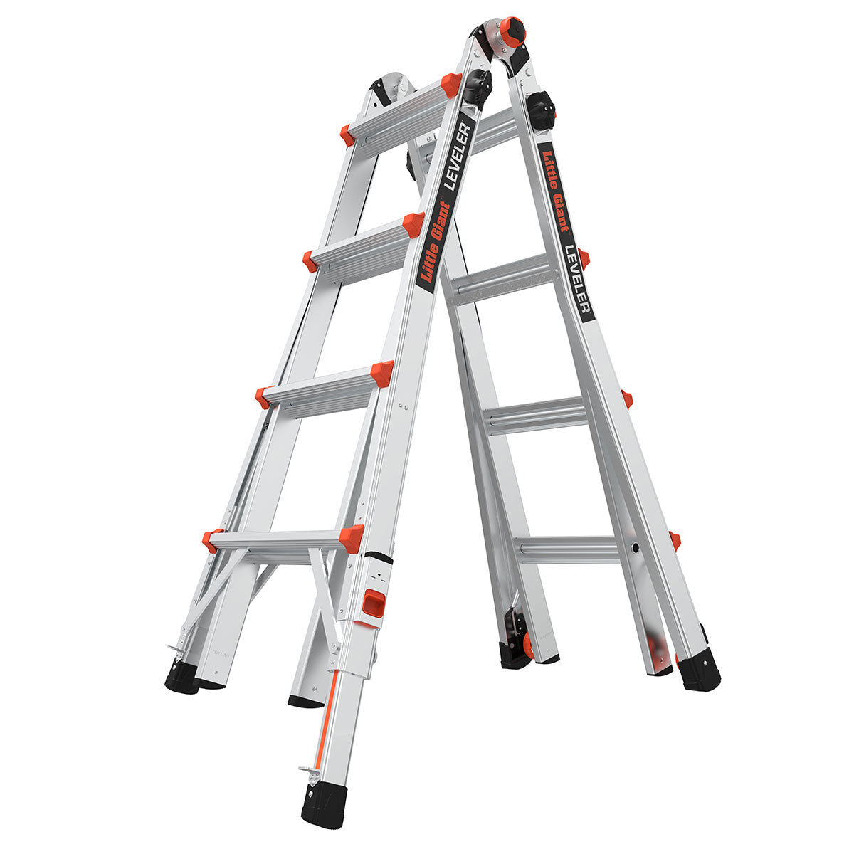 Телескопична алуминиева стълба Little Giant Leveler M17 с регулируеми крака и безопасни бутони.