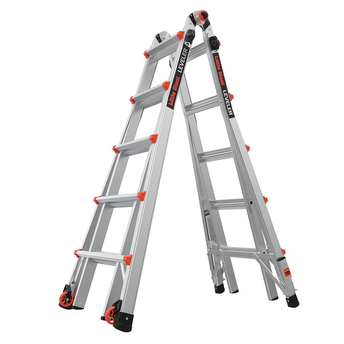Телескопична алуминиева стълба Little Giant Leveler M22 с 4x5 стъпала, регулируеми крака за безопасност на открито.