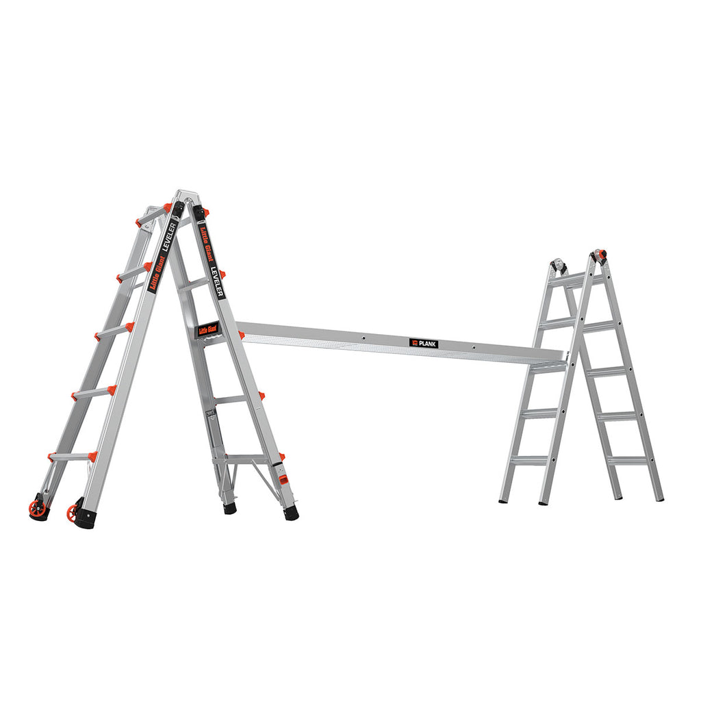 Телескопична алуминиева стълба Little Giant Leveler M22 с регулируеми крака и безопасни бутони.