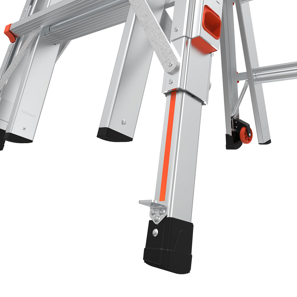 Детайл на регулируем крак на телескопична алуминиева стълба Little Giant Leveler M22, демонстриращ здравина и функционалност.
