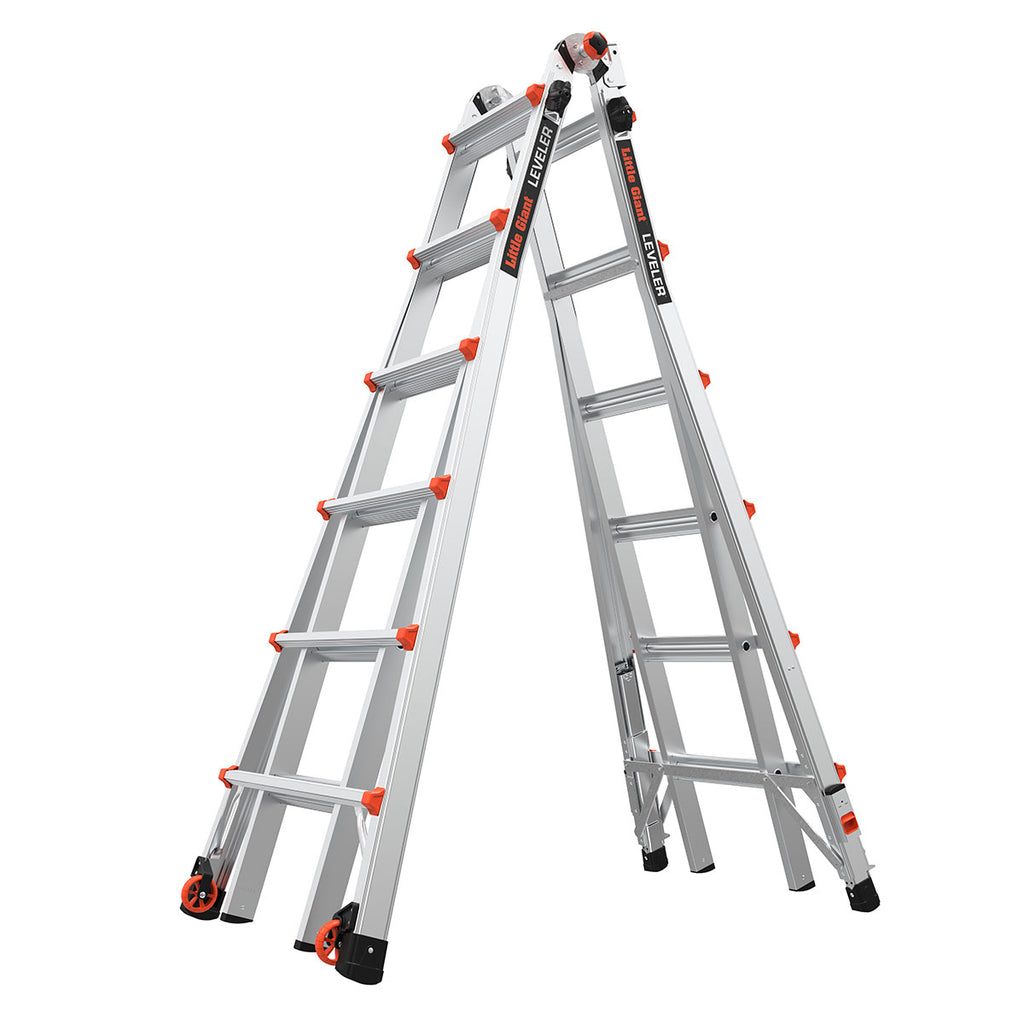 Телескопична алуминиева стълба Little Giant Leveler M26, с регулируеми крака за безопасна работа на неравен терен.