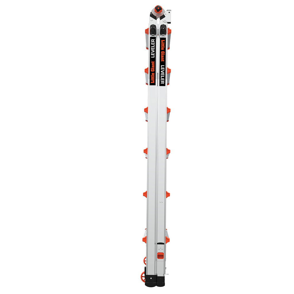 Телескопична алуминиева стълба Little Giant Leveler M26, вид отгоре с регулируеми крака и бутони за безопасност.