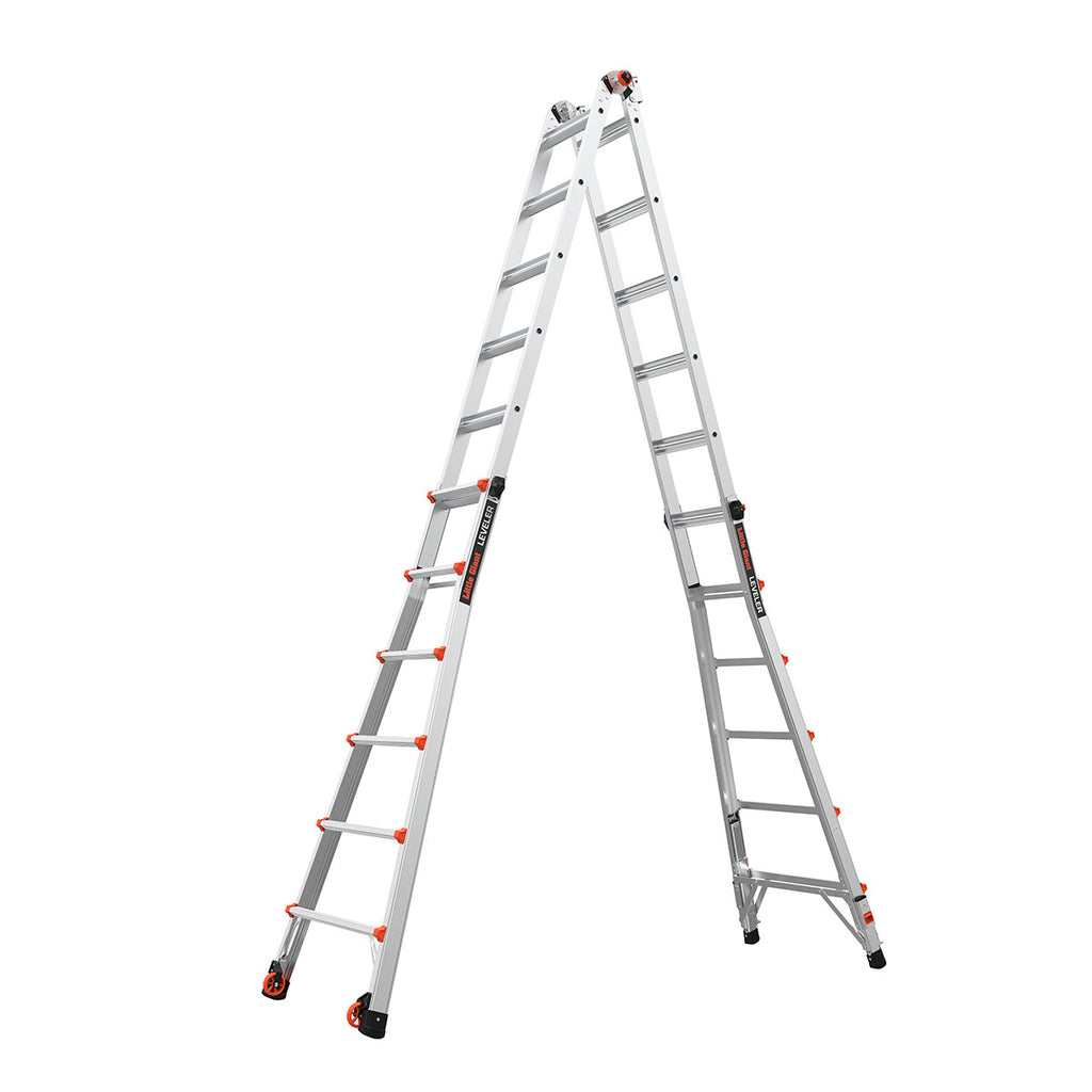 Телескопична алуминиева стълба Little Giant Leveler M26 с регулируеми крака и 4x6 стъпала, идеална за неравни повърхности.