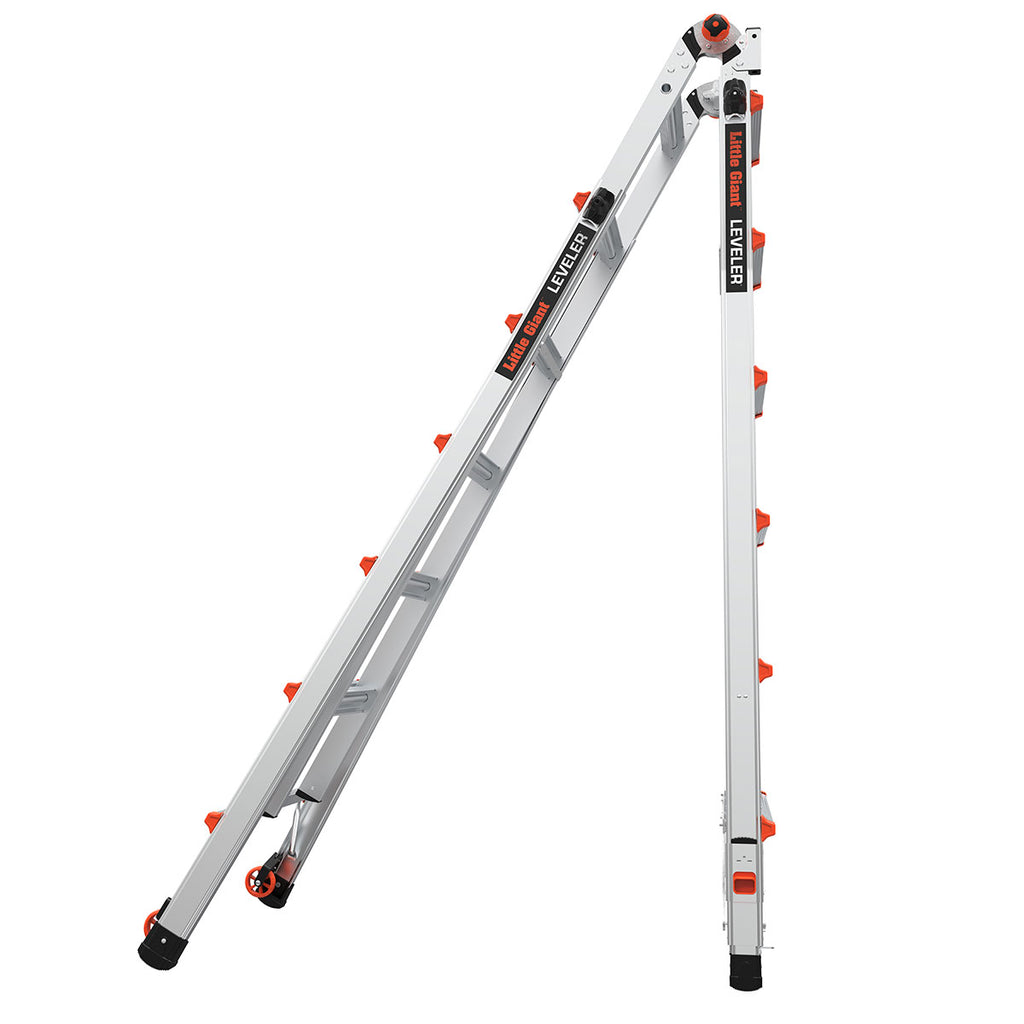 Телескопична алуминиева стълба Little Giant Leveler M26 с регулируеми крака за безопасна работа на неравен терен.