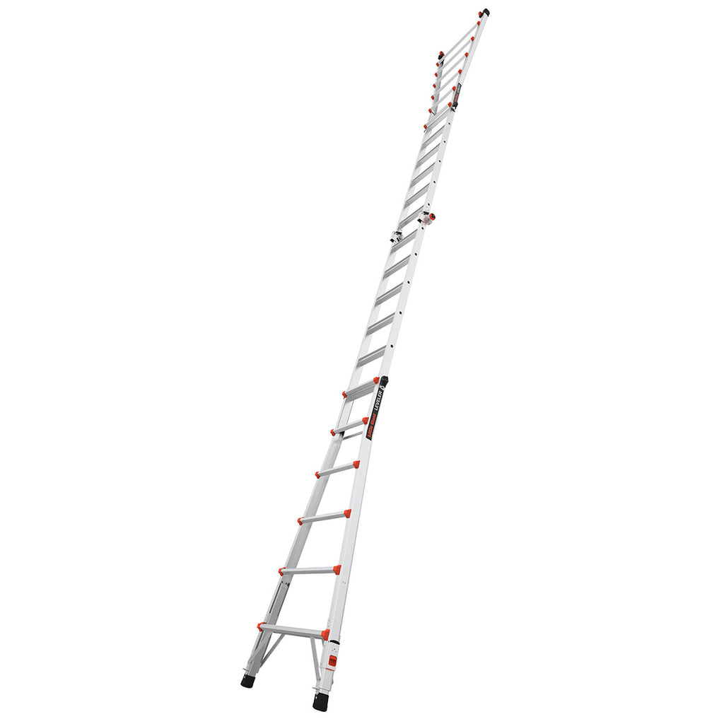 Телескопична алуминиева стълба Little Giant Leveler M26 с регулируеми крака и безопасни бутони.