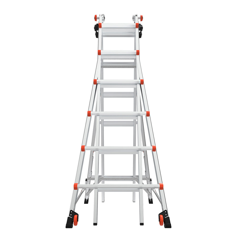 Телескопична алуминиева стълба Little Giant Leveler M26 с 4x6 стъпала, регулируеми крака и безопасни бутони.
