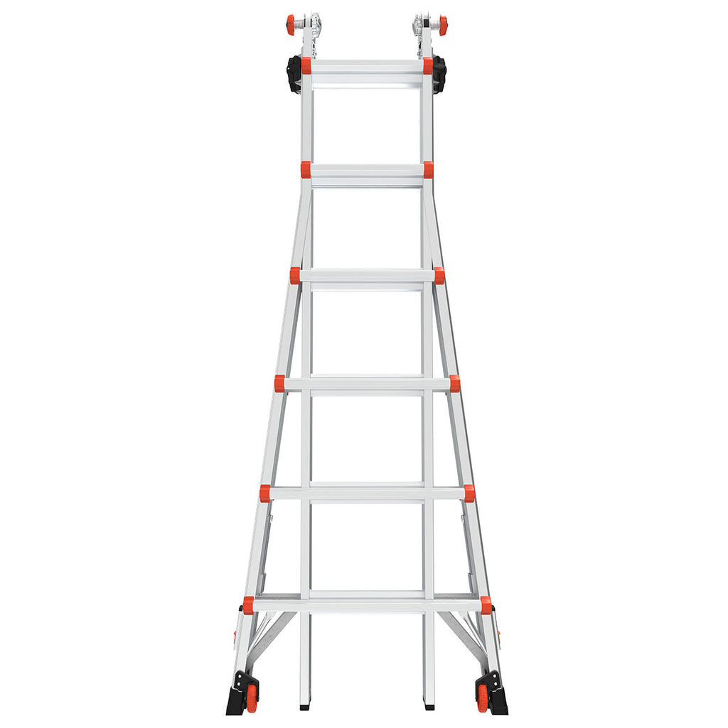 Телескопична алуминиева стълба Little Giant Leveler M26 с 4x6 стъпала, регулируеми крака и безопасни бутони.