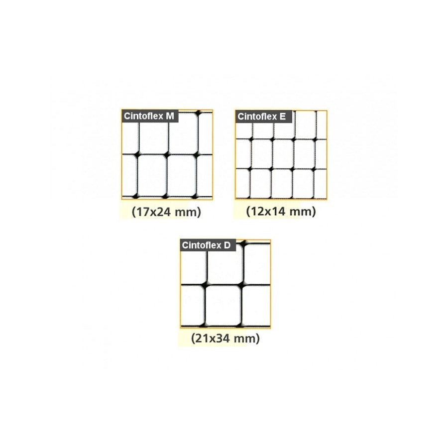 Различни модели PVC мрежи Cintoflex M, E и D с размери 17x24 mm, 12x14 mm и 21x34 mm.