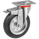 Въртящо колело на втулка с планка, спирачка и черна гума, подходящо за колички с леко натоварване.