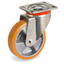 Въртящо колело на планка, полиуретанова гума, алуминиева джанта, подходящо за средно и тежко натоварване, скорост до 6 км/ч.