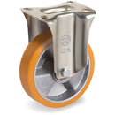 Стационарно колело на планка с полиуретанова гума и алуминиева джанта, подходящо за средно и тежко натоварване.