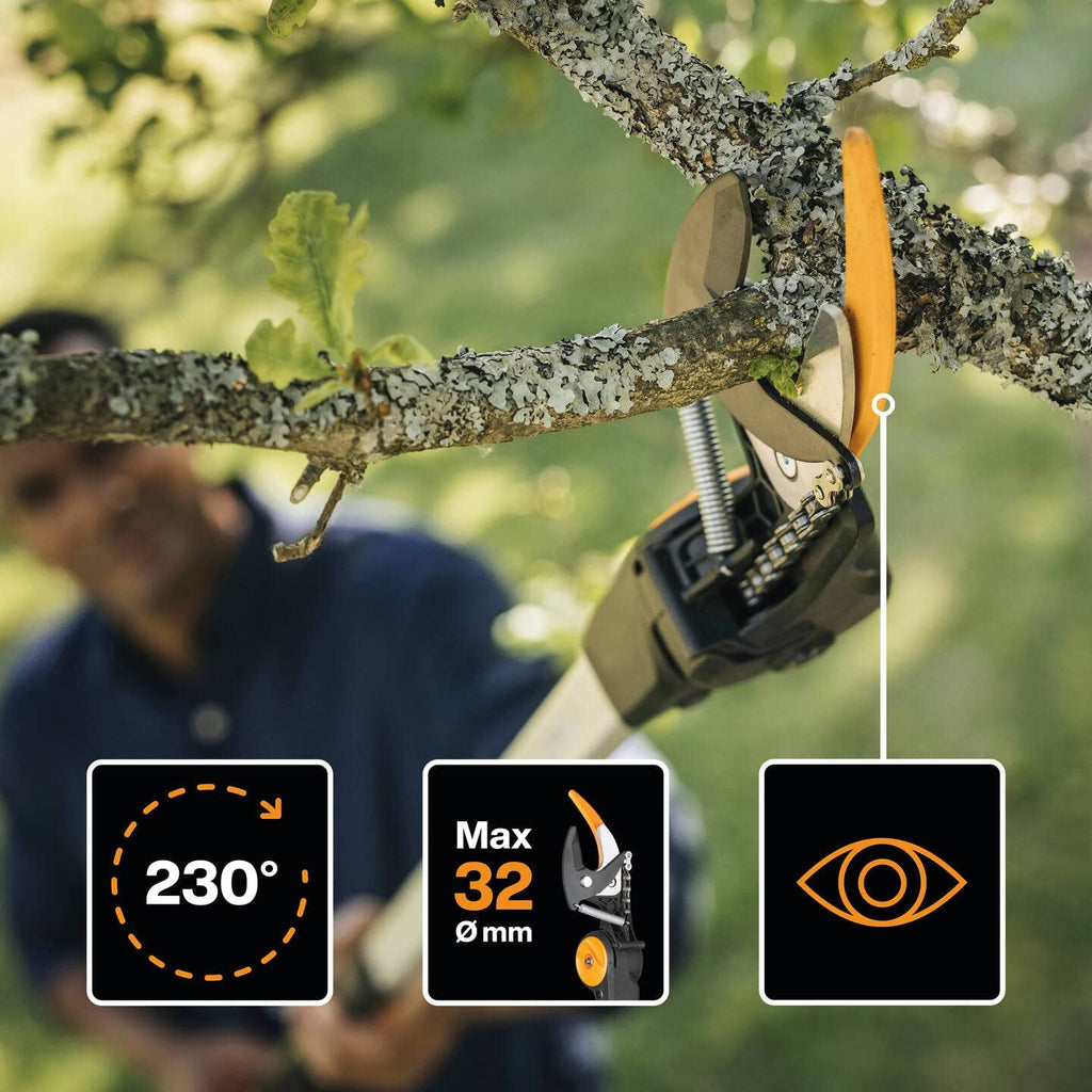 Телескопична резачка Fiskars UPX86 с 230° завъртане и максимален диаметър на рязане 32 мм.
