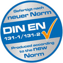DIN EN 131 certification badge indicating compliance with new standards for safety and quality in ladders.