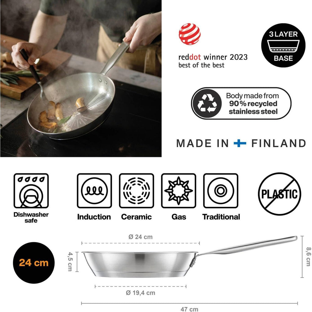 Тиган за пържене All Steel Pure, 24 см. - неръждаема стомана, 3-пластово дъно, подходящ за индукция, миялна и газови котлони