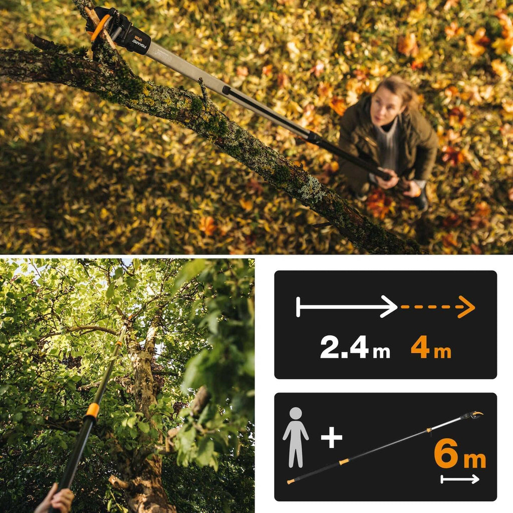 Телескопична резачка за високи клони UPX86 на Fiskars, достигнаща до 6 метра при рязане на клони.