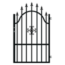 Еднокрила оградна врата RODOS с елегантен дизайн и стабилна конструкция, черен цвят с декоративен елемент.