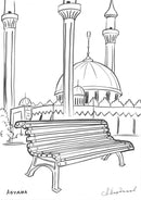 Дървена пейка с архитектура на Абуджа, Нигерия в фонов режим.