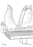 Скица на Баку с неговите стъклени кули и дървена пейка на преден план.