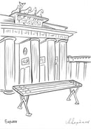 Скица на дървена пейка пред знаковата Бранденбургска врата в Берлин.