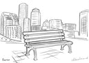 Скица на дървена пейка с градска среда и небостъргачи на заден план.
