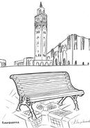 Скица на дървена пейка с архитектурни елементи в Казабланка, Мароко.