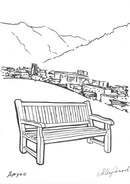 Рисунка на дървена пейка с изглед към планини и селище, вдъхновена от Джуно, Аляска.