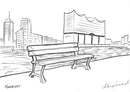Скица на дървена паркна пейка в Хамбург с модерна архитектура на фона.