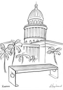 Скица на метала пейка пред историческа сграда в Хавана, с палмови дървета на фона.