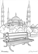 Черно-бяла рисунка на пейка с изглед към архитектурата на Истанбул.