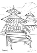 Картинно изобразяване на дървена парк-пейка пред архитектурата в Катманду, вдъхновена от храма.