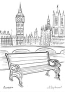 Скица на дървена пейка с изглед към известната архитектура на Лондон, включително Биг Бен и Парламента.