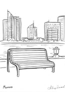 Черно-бяла рисунка на пейка с изглед към съвременните сгради в Манила.