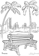 Чертеж на дървена двойна пейка с чугунени крака на фон с палми и сгради в Панама.