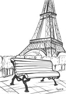 Дървена пейка пред Айфеловата кула в Париж, идеална за отпускаща атмосфера.