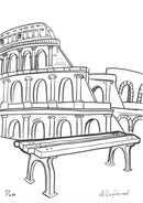 Скица на Колизеума с дървена пейка на преден план в черно-бяло оформление.