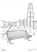 Линиен рисунък на дървена пейка с градска архитектура на фона.