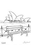 Скица на пейка с изглед към Операта в Сидни, с линиите на архитектурата в контекста на водата.