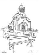 Черно-бяла рисунка на пенсионера в София с църква на фона и пейка отпред.