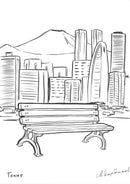 Скица на дървена пейка пред skyline на Токио с планината Фуджи на заден план.