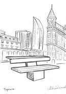 Скица на градинска пейка с архитектурни елементи от Торонто на фона.